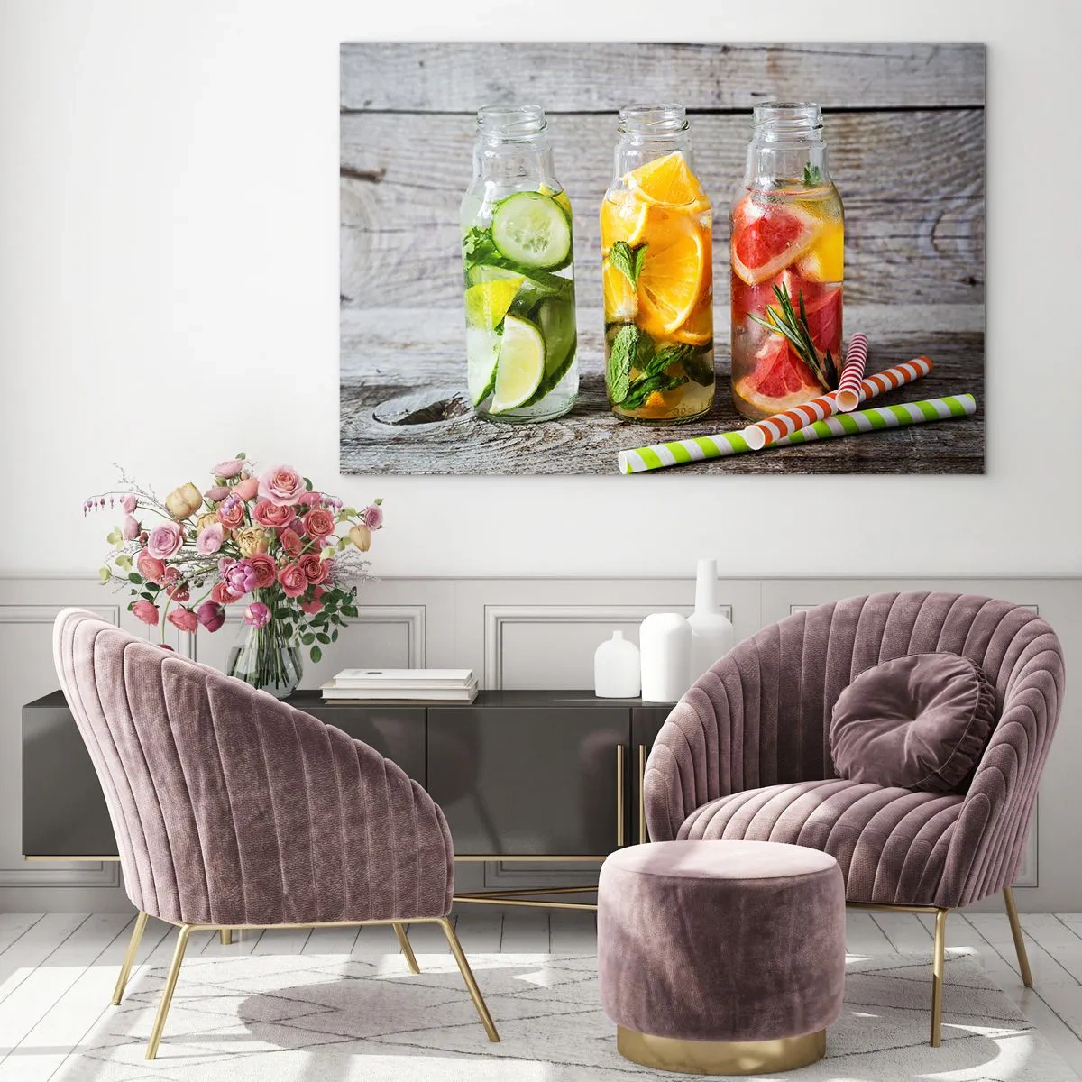 Cuadro sobre vidrio - Impresiones sobre Vidrio - Botellas de agua de frutas y hierbas sobre un fondo de madera. - 70x50cm - Saludable por naturaleza - Decoración de pared moderna para salón y dormitorio ARTTOR