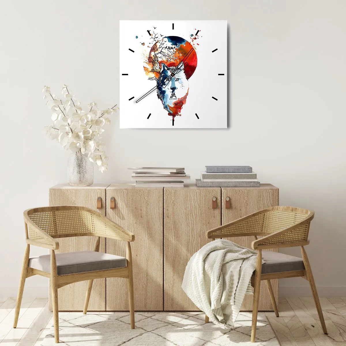 Reloj de pared - Reloj de vidrio - Pintura abstracta de acuarela de un lobo contra una luna roja. - 30x30cm - El acecho nocturno - Decoración de pared moderna para salón y dormitorio ARTTOR