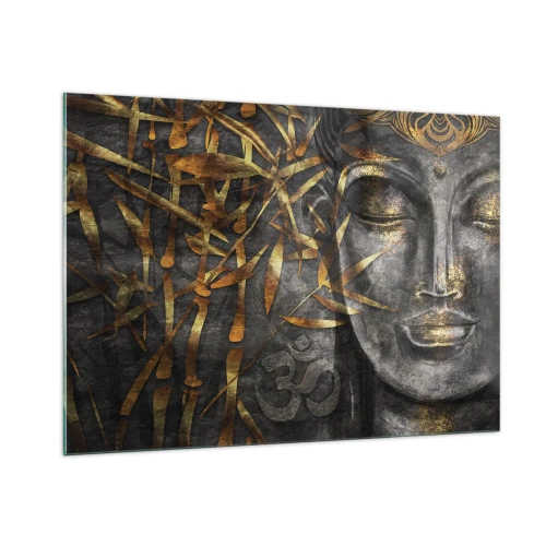Cuadro sobre vidrio - Impresiones sobre Vidrio - Imagen de Buda dorado sobre un fondo de bambú. - 100x70cm - Siente la paz - Decoración de pared moderna para salón y dormitorio ARTTOR