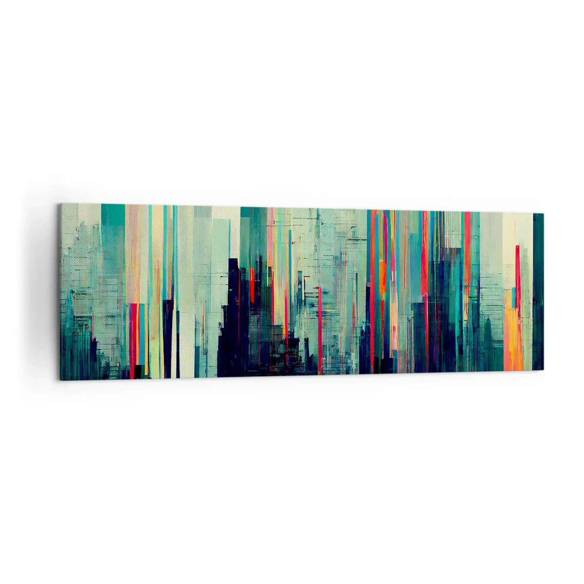Cuadro sobre lienzo - Impresión de Imagen - Abstracción con líneas verticales y un horizonte de ciudad. - 160x50cm - Ciudad futurista - Decoración de pared moderna para salón y dormitorio ARTTOR