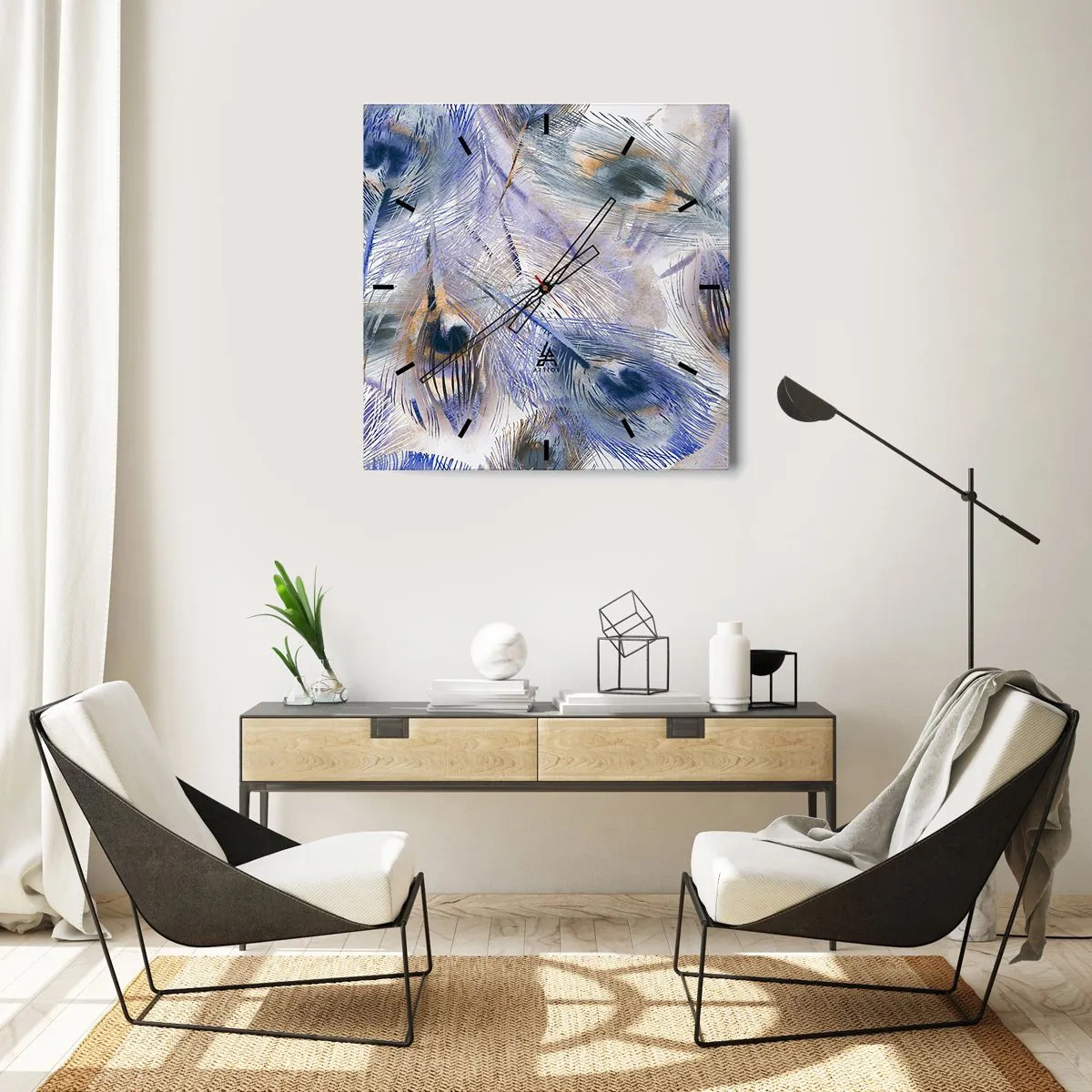 Reloj de pared - Reloj de vidrio - Un patrón con plumas de pavo real en tonos azules y dorados. - 30x30cm - Composición - Decoración de pared moderna para salón y dormitorio ARTTOR