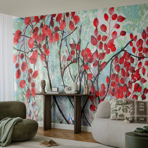 Fotomural Autadhesivo Deluxe Sticker - Un árbol en escarlata - Abstracción, Hojas rojas, Rama - 100x70 cm