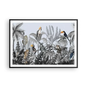 Póster en marco negro - Selva tropical con animales exóticos sobre un fondo gris. - 100x70cm - Un cuento de hadas africano - Decoración de pared moderna para salón y dormitorio ARTTOR