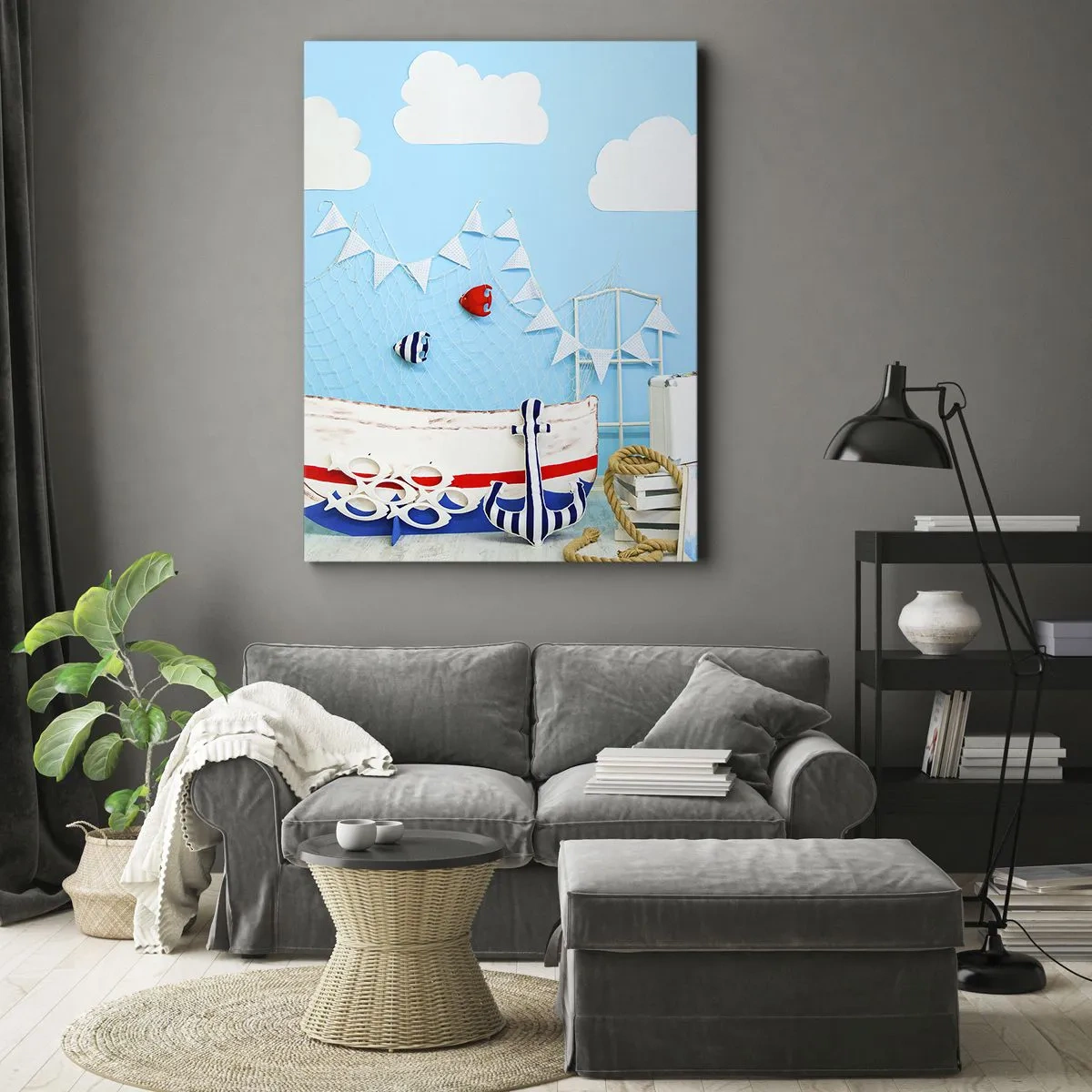 Cuadro sobre lienzo - Impresión de Imagen - Decoración náutica con barco y accesorios sobre fondo azul. - 50x70cm - El ansia de aventura de un niño - Decoración de pared moderna para salón y dormitorio ARTTOR