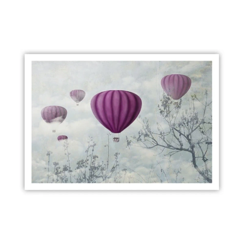 Póster - Globos morados flotando sobre los árboles en las nubes. - 100x70cm - Surcando los cielos - Decoración de pared moderna para salón y dormitorio ARTTOR