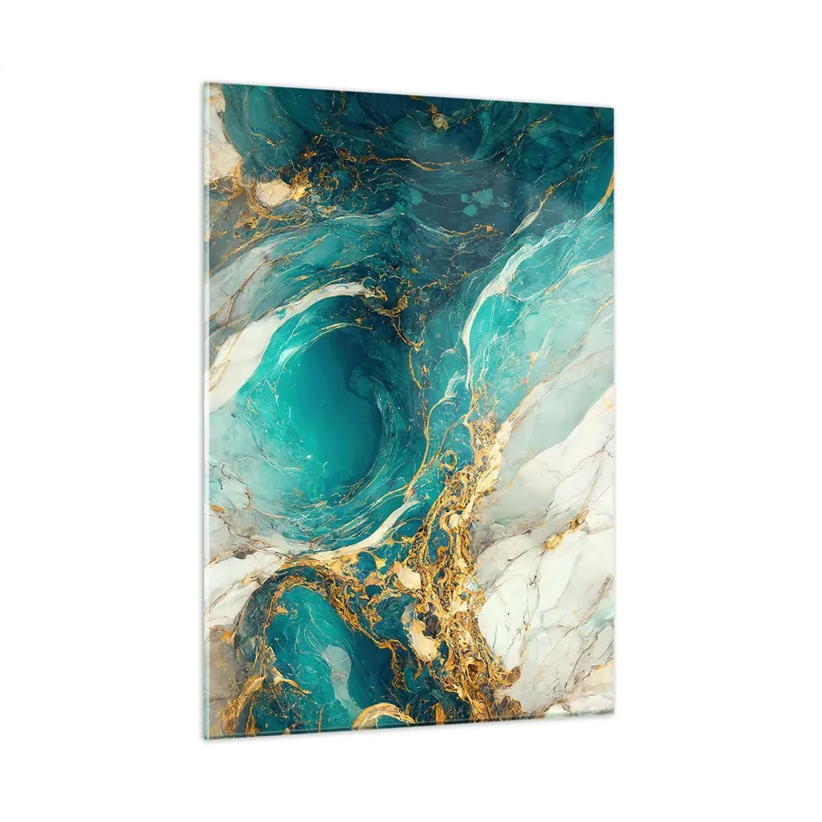Cuadro sobre vidrio - Impresiones sobre Vidrio - Composición abstracta con vetas turquesas y doradas. - 50x70cm - Composición con vetas de oro - Decoración de pared moderna para salón y dormitorio ARTTOR