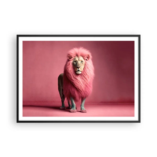 Póster en marco negro - Un león artísticamente representado con una melena rosa sobre un fondo rosa. - 100x70cm - Y ya no me tienes miedo - Decoración de pared moderna para salón y dormitorio ARTTOR