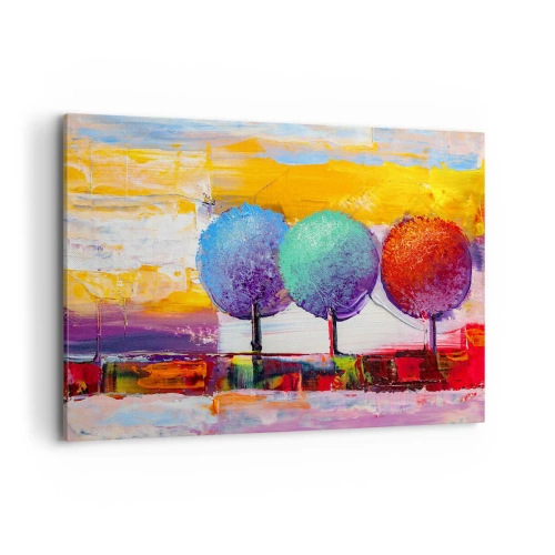 Cuadro sobre lienzo - Impresión de Imagen - Tres árboles coloridos sobre un fondo abstracto - 120x80cm - Tres árboles coloridos - Decoración de pared moderna para salón y dormitorio ARTTOR
