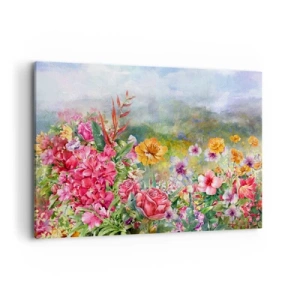 Cuadro sobre lienzo - Impresión de Imagen - Una colorida composición de flores sobre un fondo de paisaje de color pastel. - 120x80cm - Un jardín enloquecido - Decoración de pared moderna para salón y dormitorio ARTTOR