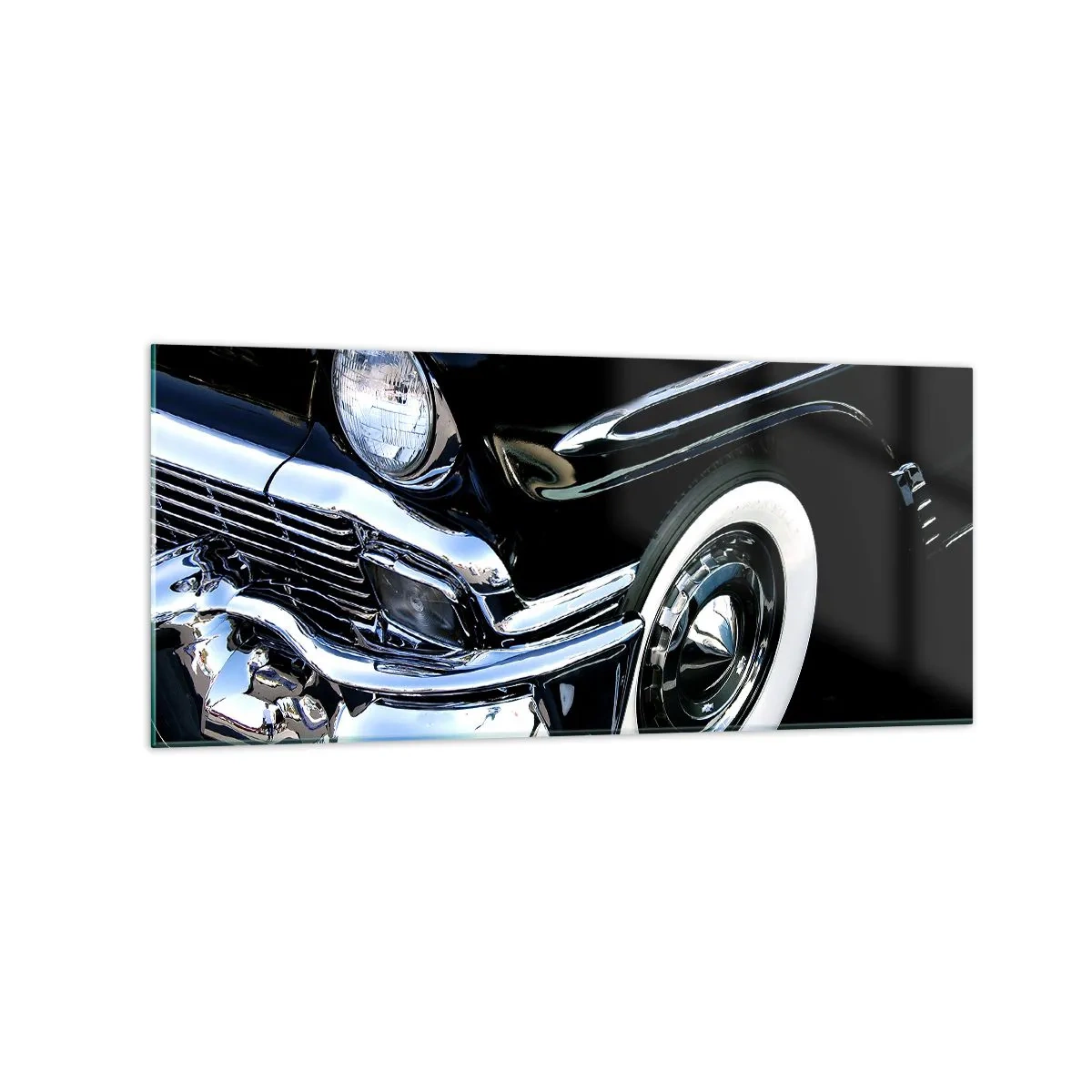 Cuadro sobre vidrio - Impresiones sobre Vidrio - Primer plano del faro y el guardabarros de un coche clásico negro - 120x50cm - Clásicos en plata, negro y blanco - Decoración de pared moderna para salón y dormitorio ARTTOR