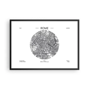 Póster en marco negro - Un mapa de Roma en estilo minimalista, en blanco y negro. - 70x50cm - Anatomía de Roma - Decoración de pared moderna para salón y dormitorio ARTTOR
