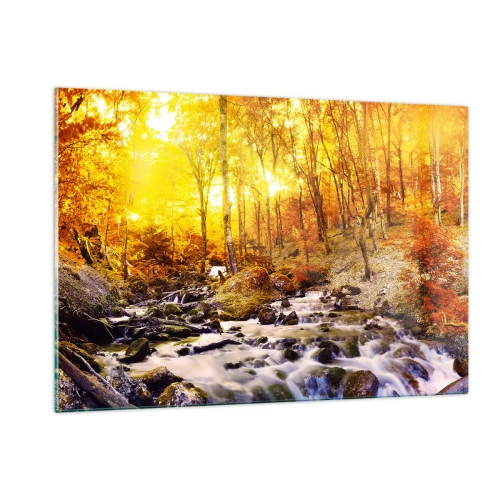 Cuadro sobre vidrio - Impresiones sobre Vidrio - Bosque otoñal con un río bajo los rayos de luz cálida. - 120x80cm - Piedras bañadas en oro y platino - Decoración de pared moderna para salón y dormitorio ARTTOR