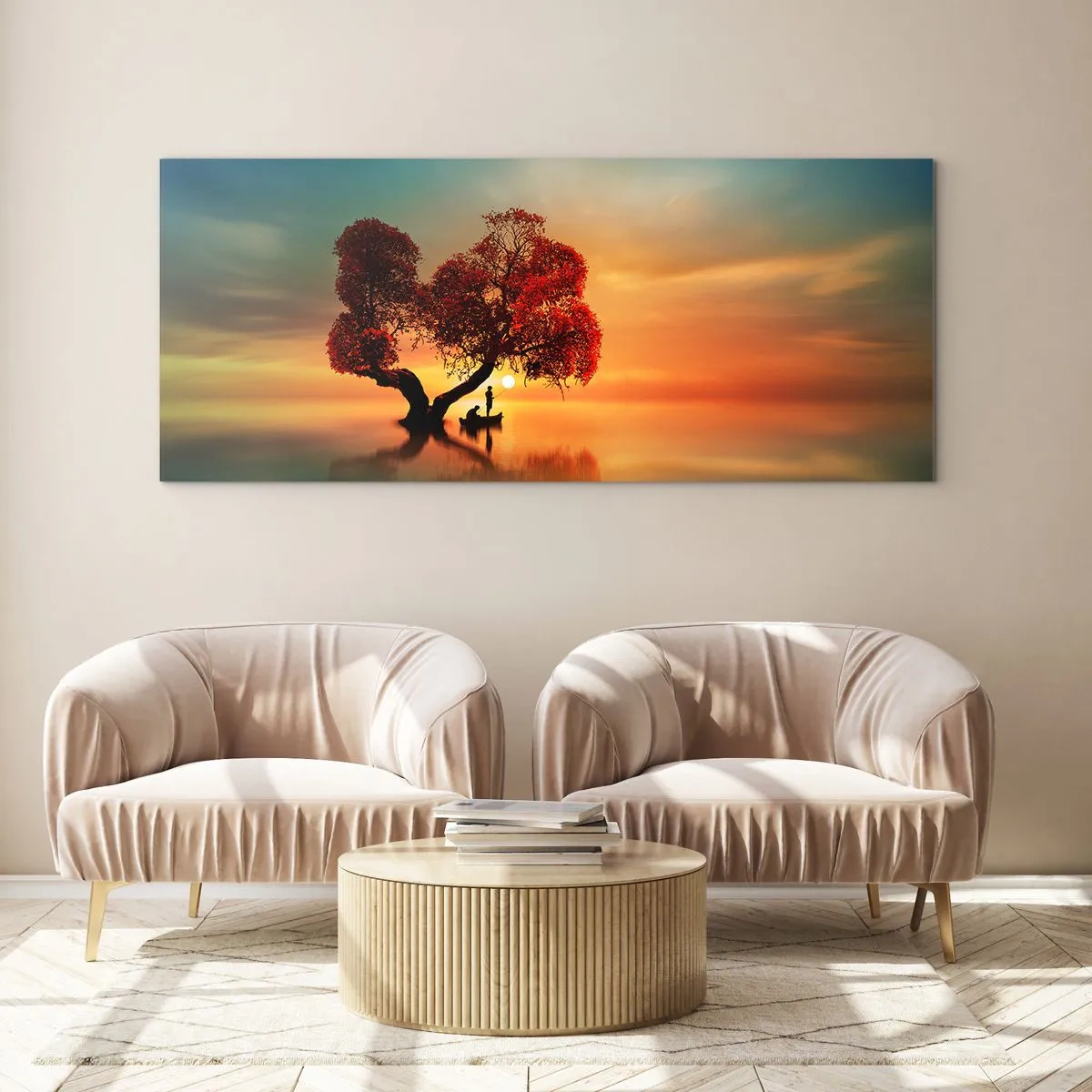 Cuadro sobre vidrio - Impresiones sobre Vidrio - Un árbol de hojas rojas y un barco en el agua al atardecer. - 140x50cm - La lejanía y el silencio del mundo - Decoración de pared moderna para salón y dormitorio ARTTOR