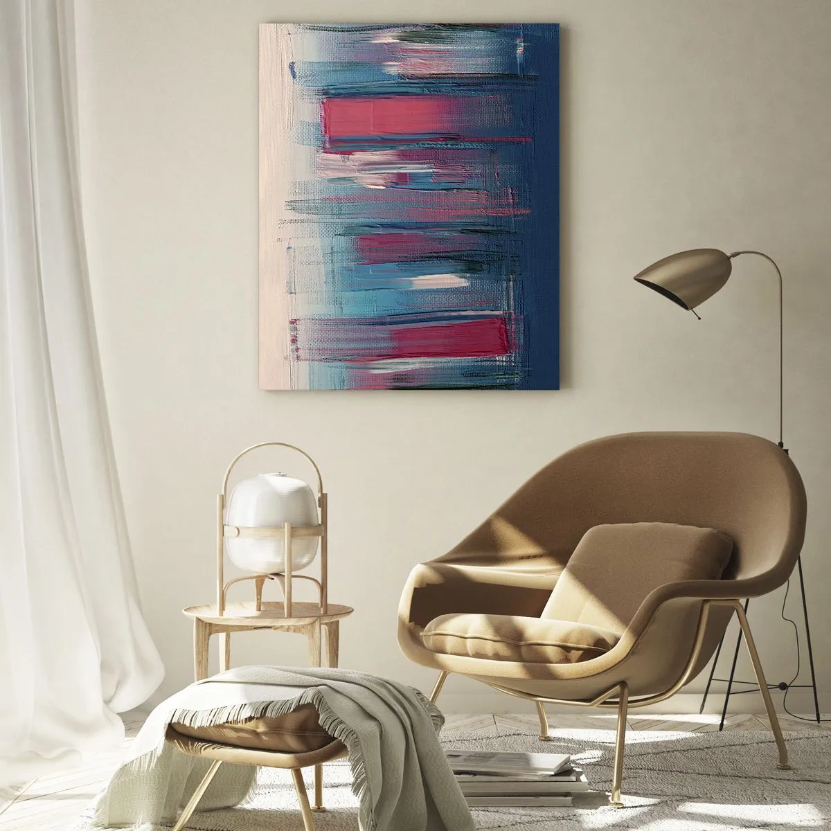 Cuadro sobre vidrio - Impresiones sobre Vidrio - Pinceladas verticales en rojo y azul sobre fondo beige - 50x70cm - Composición vertical en azul y rojo - Decoración de pared moderna para salón y dormitorio ARTTOR