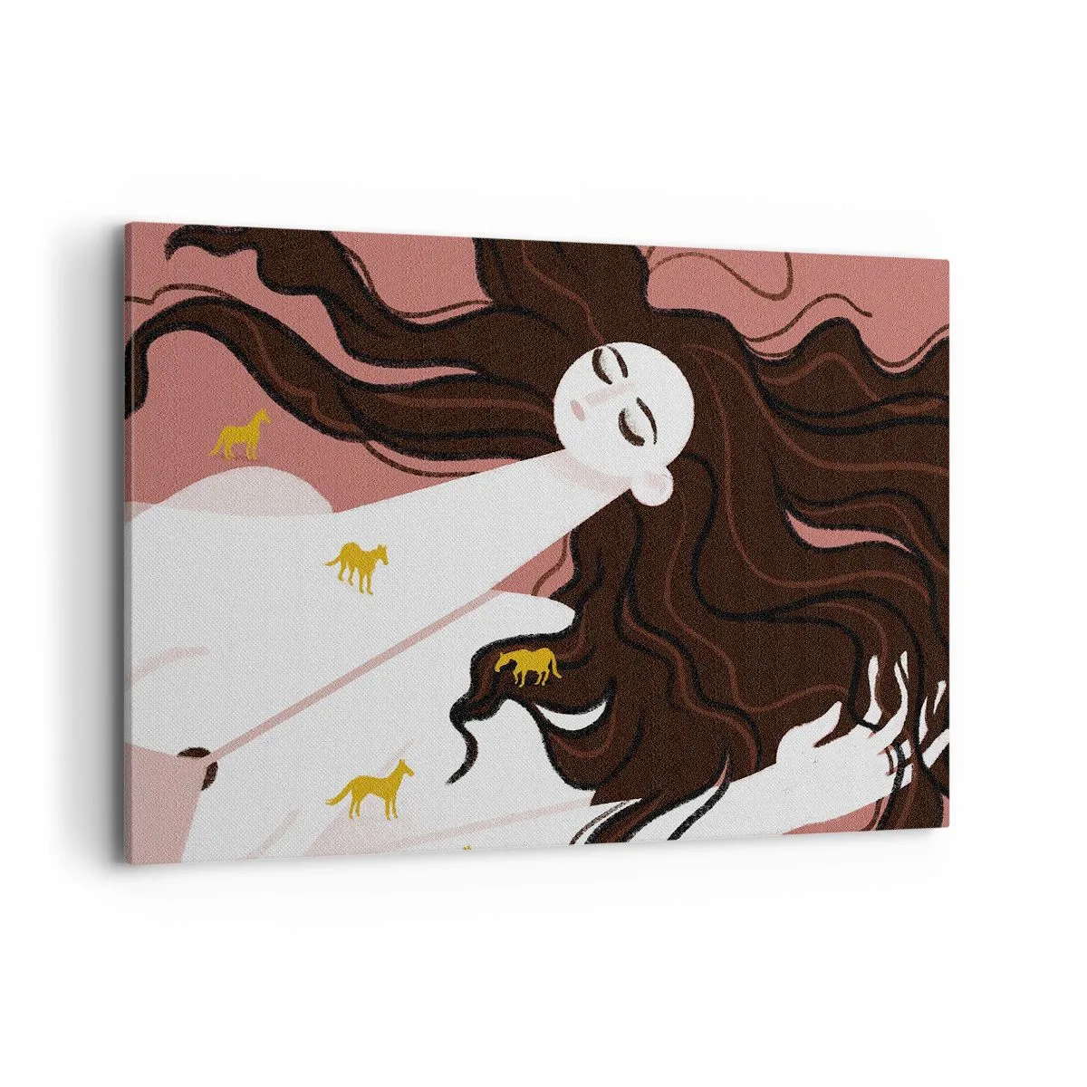 Cuadro sobre lienzo - Impresión de Imagen - Una figura con los ojos cerrados rodeada de caballos dorados. - 100x70cm - Sueño de caballos dorados - Decoración de pared moderna para salón y dormitorio ARTTOR