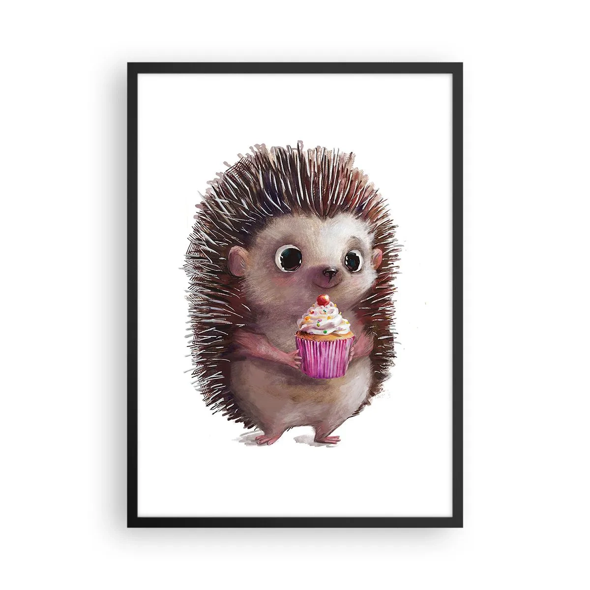 Póster en marco negro - Un lindo erizo sosteniendo un cupcake colorido. - 50x70cm - La celebración es diaria - Decoración de pared moderna para salón y dormitorio ARTTOR