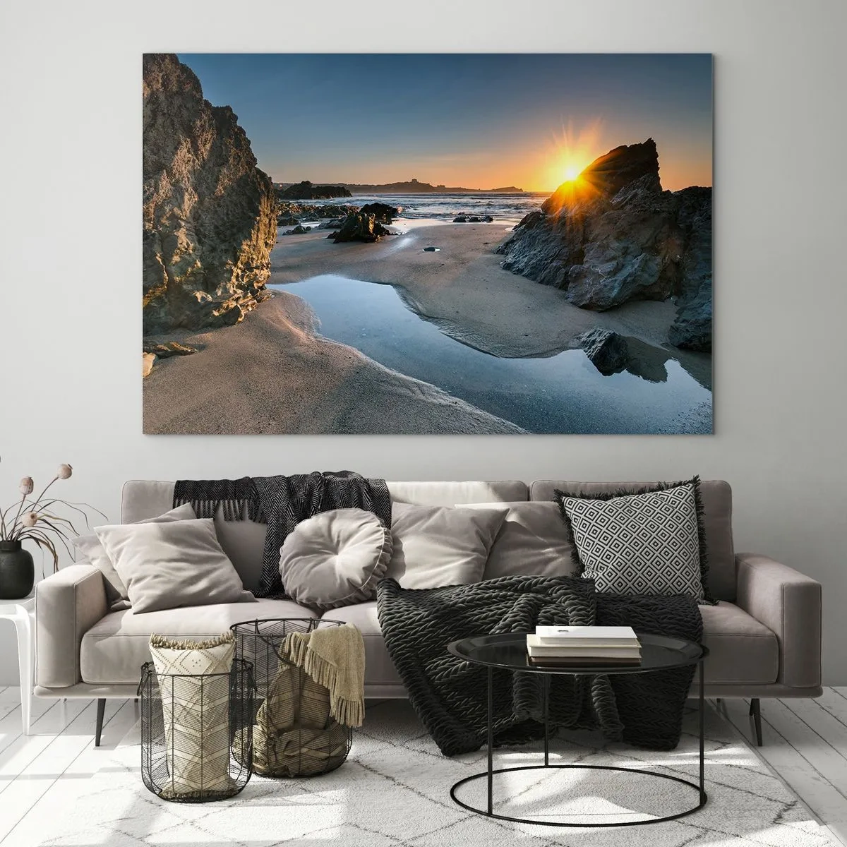 Cuadro sobre vidrio - Impresiones sobre Vidrio - Playa al amanecer con pintorescas rocas y agua. - 70x50cm - Sin tocar por la mano del hombre - Decoración de pared moderna para salón y dormitorio ARTTOR
