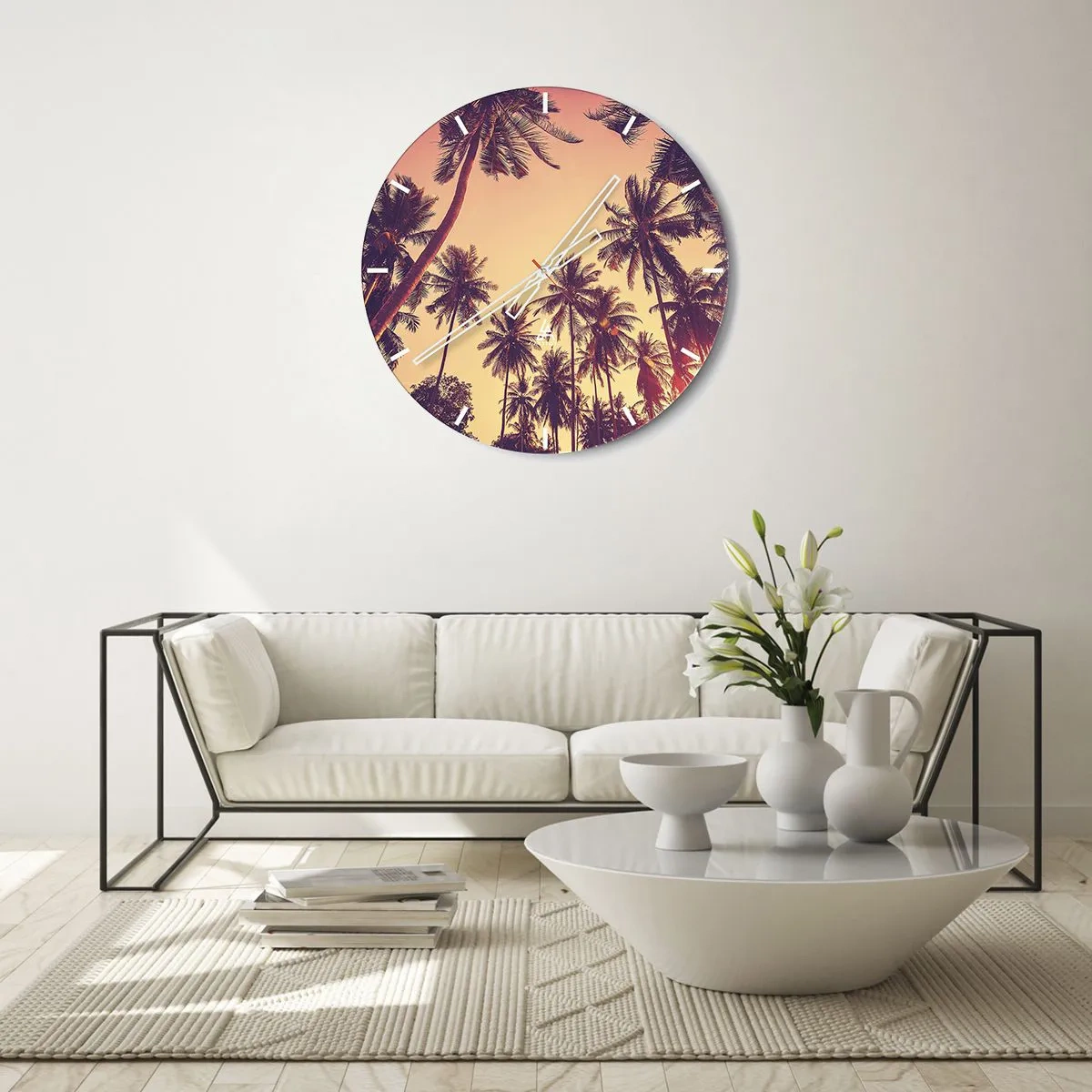 Reloj de pared - Reloj de vidrio - Palmeras al atardecer en cálidos tonos naranjas. - 30x30cm - Variante tropical - Decoración de pared moderna para salón, cocina y dormitorio ARTTOR