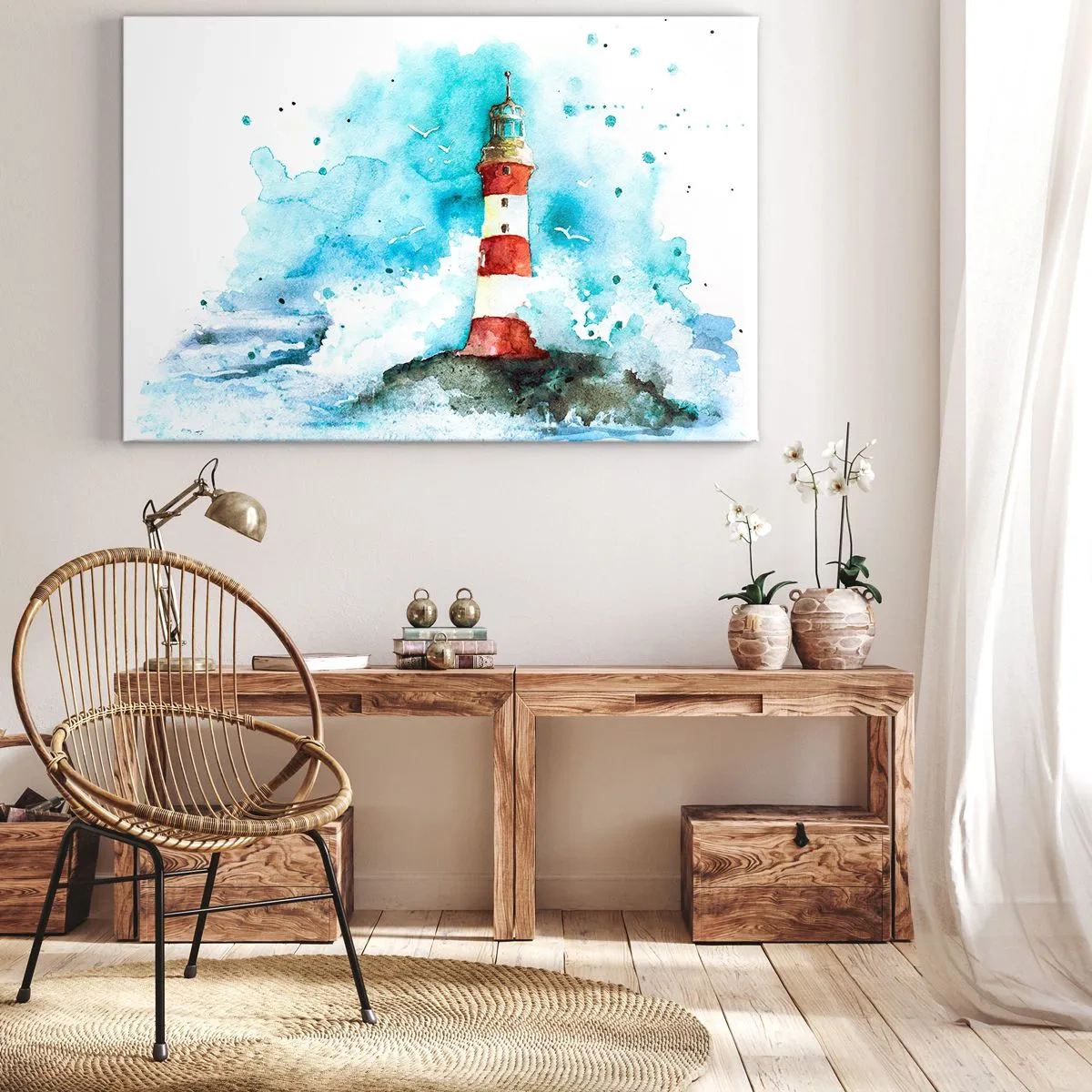Cuadro sobre lienzo - Impresión de Imagen - Un faro en un entorno de acuarela con un fondo azul. - 70x50cm - La unidad de los elementos - Decoración de pared moderna para salón y dormitorio ARTTOR