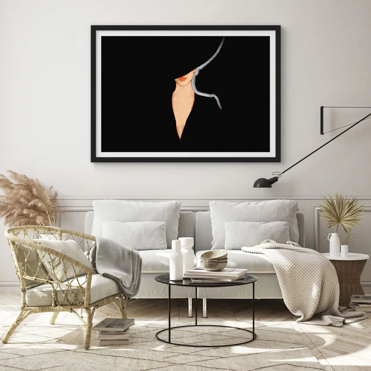 Póster en marco negro - Silueta de una mujer con sombrero sobre un fondo negro - 70x50cm - Elegancia y estilo - Decoración de pared moderna para salón y dormitorio ARTTOR