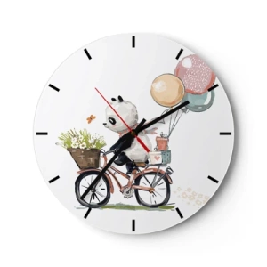 Reloj de pared - Reloj de vidrio - Panda en bicicleta con globos y una canasta llena de flores. - 30x30cm - Un día feliz - Decoración de pared moderna para salón, cocina y dormitorio ARTTOR
