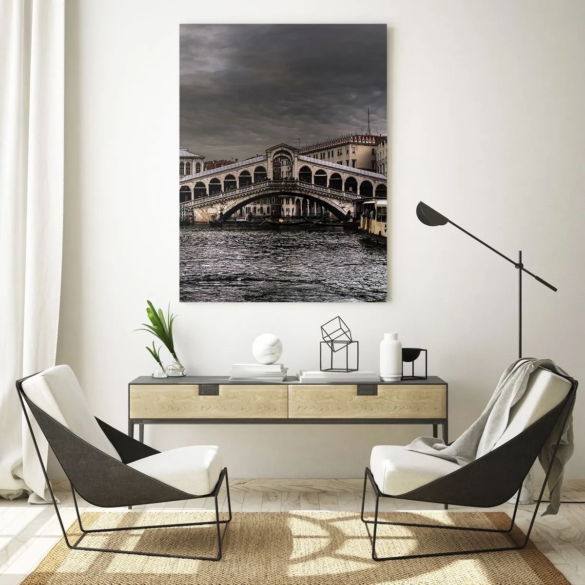 Cuadro sobre vidrio - Impresiones sobre Vidrio - El puente de Rialto contra un cielo nublado - 50x70cm - Promesa de una velada veneciana - Decoración de pared moderna para salón y dormitorio ARTTOR