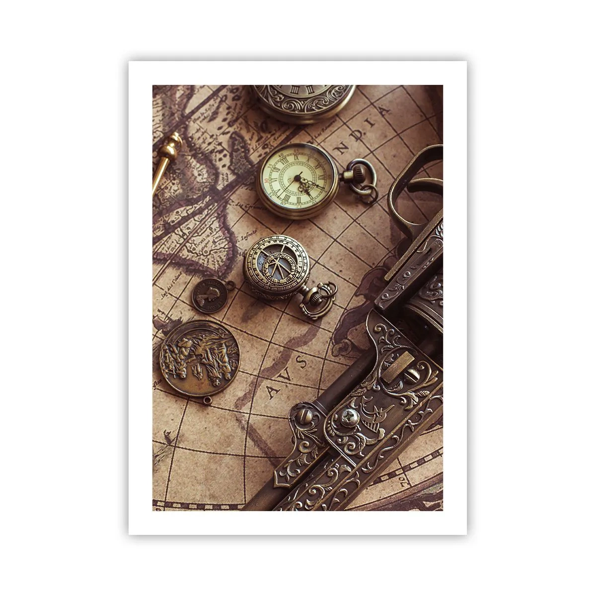 Póster - Una brújula, un mapa y objetos antiguos que simbolizan la aventura. - 50x70cm - La aventura llama - Decoración de pared moderna para salón y dormitorio ARTTOR