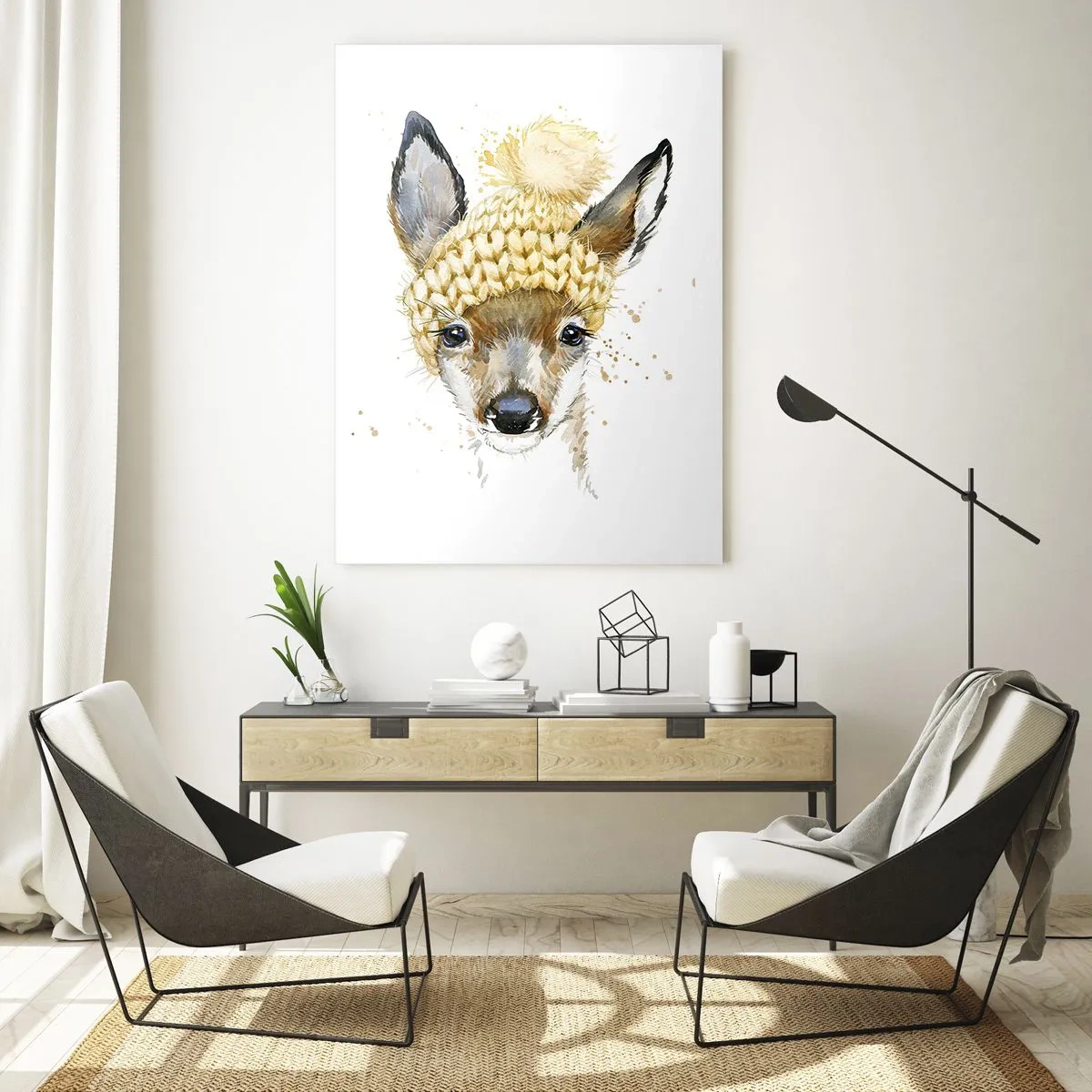 Cuadro sobre vidrio - Impresiones sobre Vidrio - Un corzo con un gorro de lana y pompón. - 50x70cm - Para el invierno en un bosque nevado - Decoración de pared moderna para salón y dormitorio ARTTOR