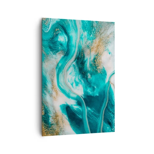 Cuadro sobre lienzo - Impresión de Imagen - Abstracción turquesa con acentos blancos y dorados. - 70x100cm - Río de oro - Decoración de pared moderna para salón y dormitorio ARTTOR