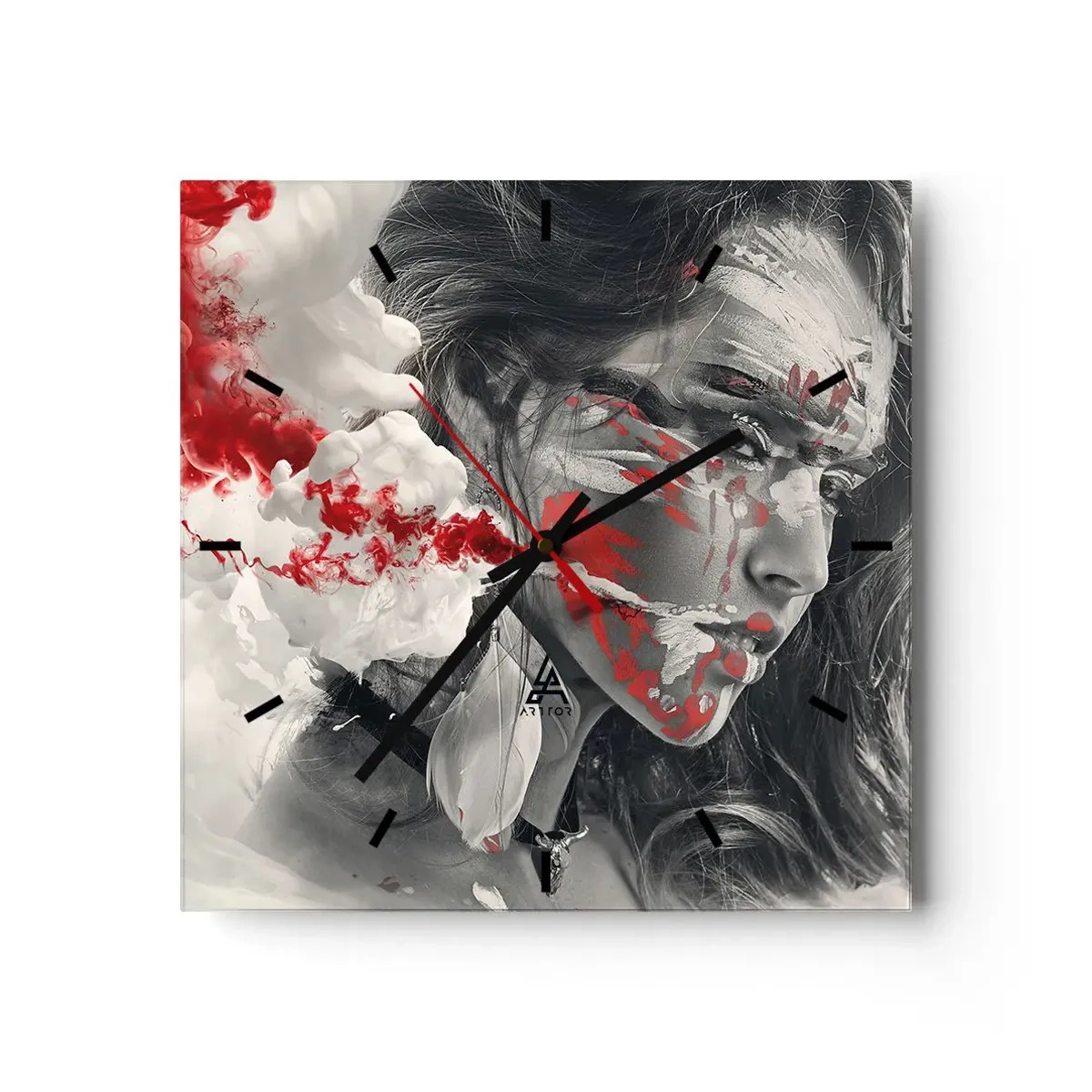 Reloj de pared - Reloj de vidrio - Retrato artístico de una mujer con acentos rojos abstractos. - 30x30cm - En los humos del absurdo - Decoración de pared moderna para salón y dormitorio ARTTOR