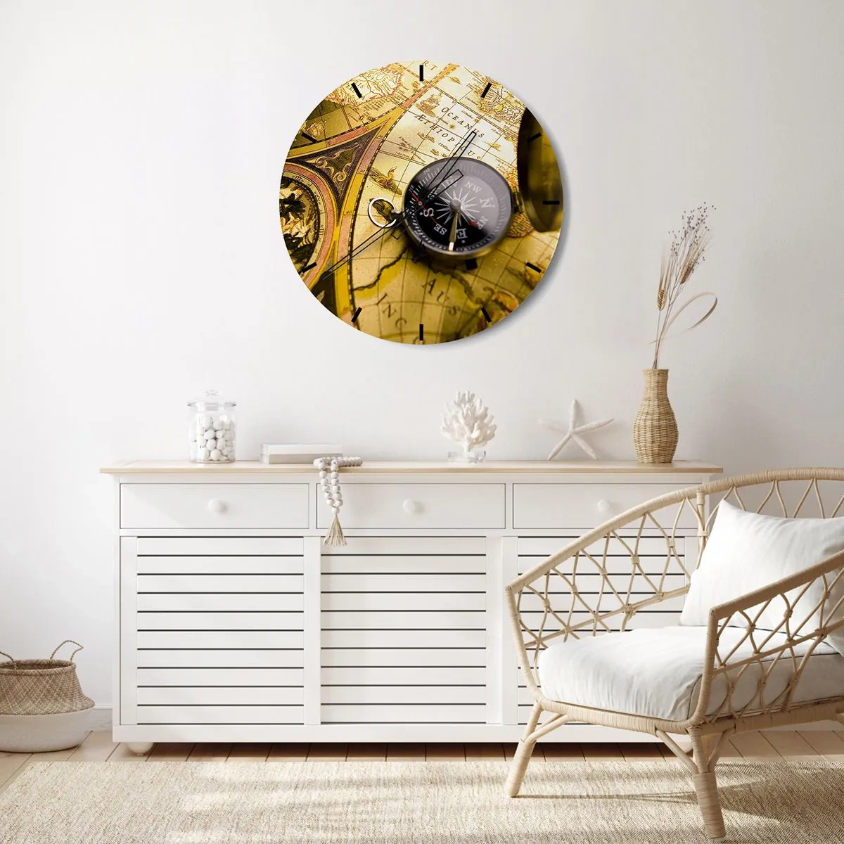 Reloj de pared - Reloj de vidrio - Una brújula sobre un fondo de mapa antiguo - 30x30cm - ¿Hasta el fin del mundo? - Decoración de pared moderna para salón, cocina y dormitorio ARTTOR