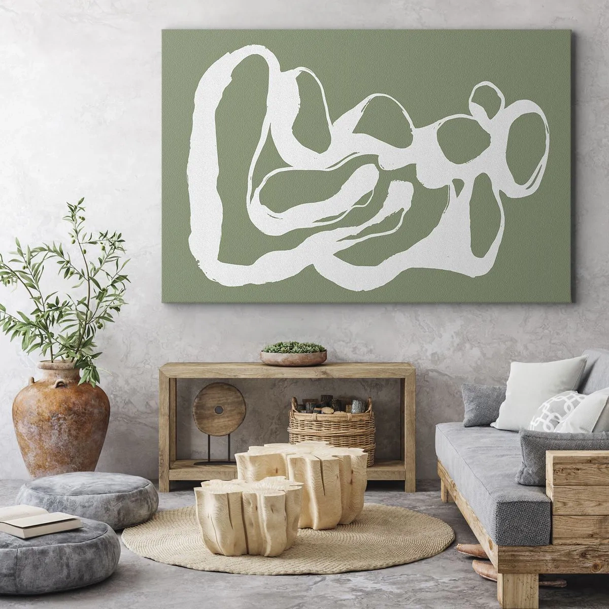 Cuadro sobre lienzo - Impresión de Imagen - Formas orgánicas en blanco sobre fondo verde. - 120x80cm - La llamada del espacio - Decoración de pared moderna para salón y dormitorio ARTTOR