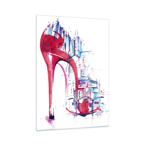 Cuadro sobre vidrio - Impresiones sobre Vidrio - Stiletto rojo con motivo de arquitectura urbana - 50x70cm - Elegancia metropolitana - Decoración de pared moderna para salón y dormitorio ARTTOR
