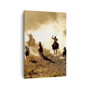 Cuadro sobre lienzo - Impresión de Imagen - Vaqueros a caballo en acción en el terreno desértico. - 70x100cm - El salvaje oeste - Decoración de pared moderna para salón y dormitorio ARTTOR