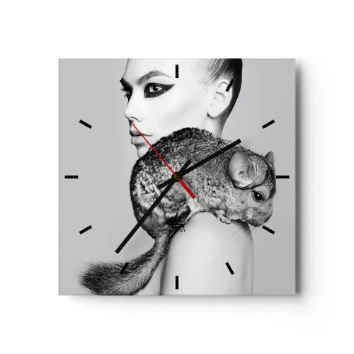 Reloj de pared - Reloj de vidrio - Dama con chinchilla - 40x40 cm