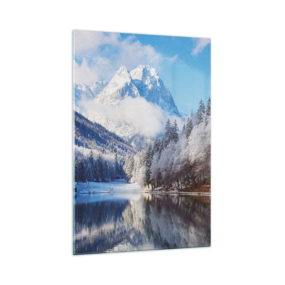 Cuadro sobre vidrio - Impresiones sobre Vidrio - Paisaje invernal de montaña con árboles cubiertos de nieve y un lago. - 70x100cm - Guardia de nieve - Decoración de pared moderna para salón y dormitorio ARTTOR