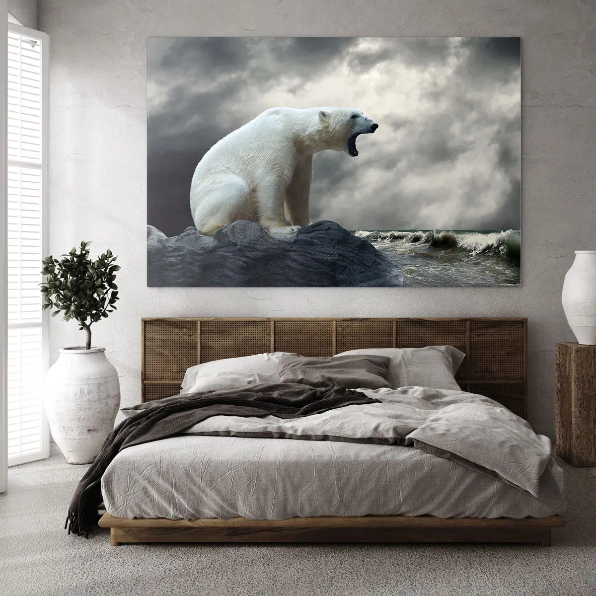 Cuadro sobre vidrio - Impresiones sobre Vidrio - Un oso polar contra un cielo tormentoso. - 100x70cm - El solitario rey del Ártico - Decoración de pared moderna para salón y dormitorio ARTTOR