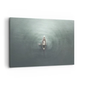 Cuadro sobre lienzo - Impresión de Imagen - Un barco solitario en aguas tranquilas en un entorno minimalista. - 100x70cm - A través de un lago iluminado por la luna - Decoración de pared moderna para salón y dormitorio ARTTOR