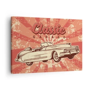 Cuadro sobre lienzo - Impresión de Imagen - Póster retro con un coche clásico y las palabras Classic Garage - 70x50cm - Y Elvis en la radio - Decoración de pared moderna para salón y dormitorio ARTTOR