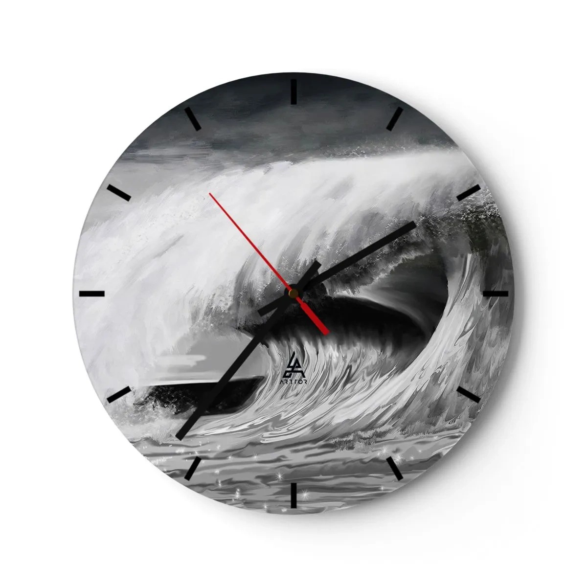 Reloj de pared - Reloj de vidrio - Una ola dinámica en tonos blanco y negro. - 30x30cm - La ira del océano - Decoración de pared moderna para salón, cocina y dormitorio ARTTOR