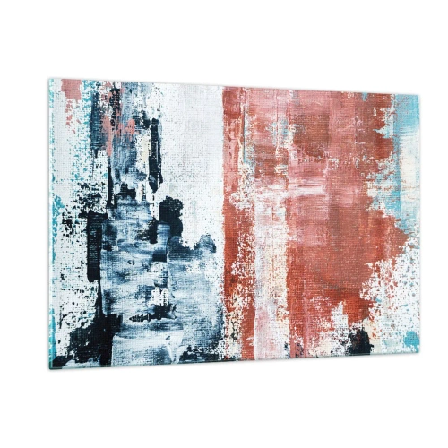 Cuadro sobre vidrio - Impresiones sobre Vidrio - Una combinación abstracta de azul y rojo oxidado. - 120x80cm - Mitad abstracción, mitad abstracción - Decoración de pared moderna para salón y dormitorio ARTTOR