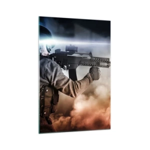 Cuadro sobre vidrio - Impresiones sobre Vidrio - Un soldado en acción con un rifle contra un fondo de nubes y luz. - 70x100cm - Luchador - Decoración de pared moderna para salón y dormitorio ARTTOR