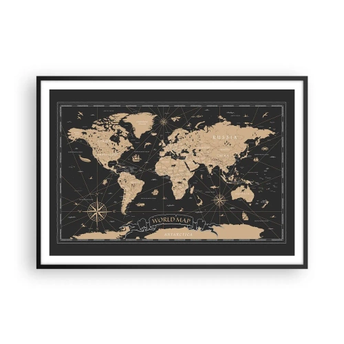 Póster en marco negro - Un mapa del mundo estilizado sobre un fondo negro con acentos beige. - 100x70cm - Las fronteras de mi mundo - Decoración de pared moderna para salón y dormitorio ARTTOR