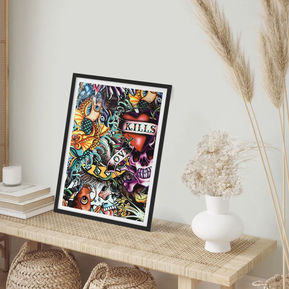 Póster en marco negro - Tatuaje abstracto con calavera, corazón e inscripción. - 50x70cm - El sueño de un tatuador - Decoración de pared moderna para salón y dormitorio ARTTOR