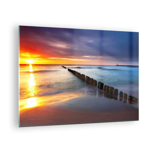 Cuadro sobre vidrio - Impresiones sobre Vidrio - Puesta de sol sobre el mar con rompeolas de madera - 70x50cm - Escuchar el silencio - Decoración de pared moderna para salón y dormitorio ARTTOR