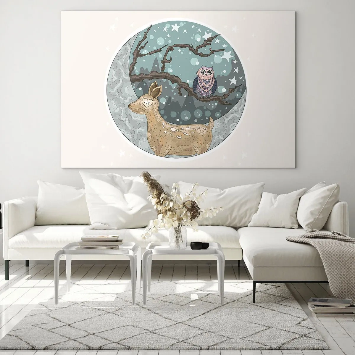 Cuadro sobre vidrio - Impresiones sobre Vidrio - Ilustración de un ciervo y un búho en un entorno mágico. - 70x50cm - Noche de bosque de cuento de hadas - Decoración de pared moderna para salón y dormitorio ARTTOR
