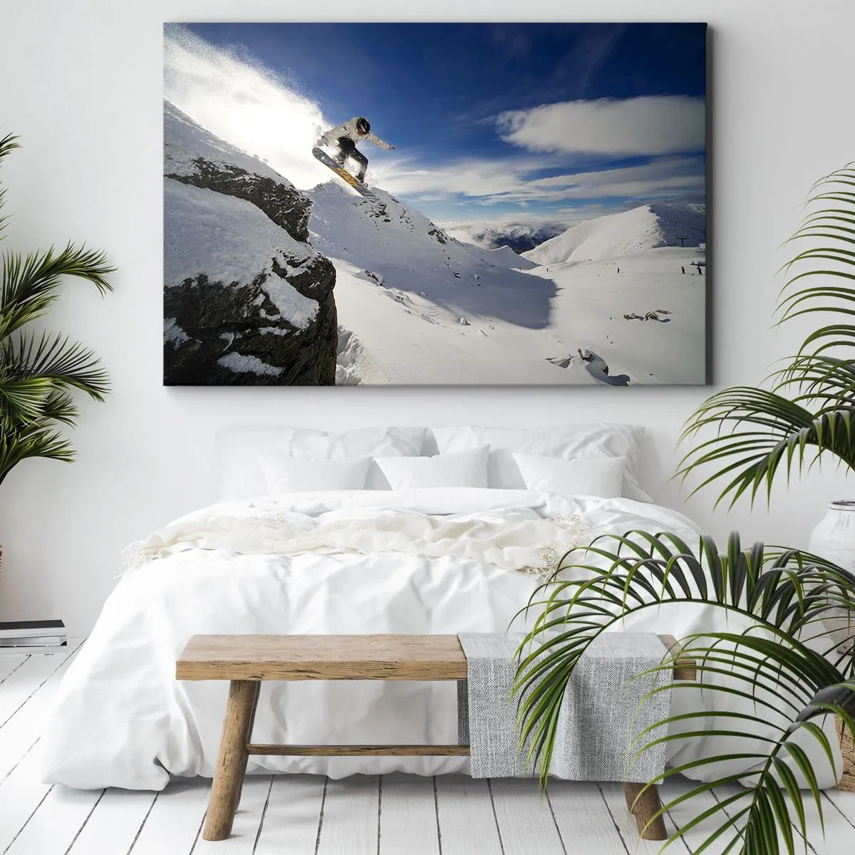 Cuadro sobre lienzo - Impresión de Imagen - Un snowboarder salta desde un acantilado con montañas cubiertas de nieve al fondo. - 120x80cm - Libertad sin fronteras - Decoración de pared moderna para salón y dormitorio ARTTOR
