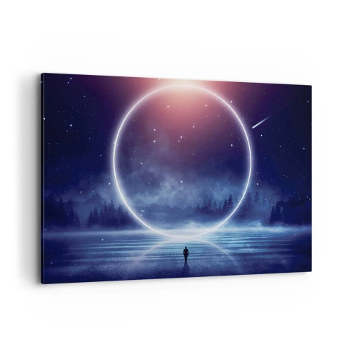 Cuadro sobre lienzo - Impresión de Imagen - Un paisaje mágico con una figura y un círculo de luz por la noche. - 120x80cm - Ya están aquí... - Decoración de pared moderna para salón y dormitorio ARTTOR