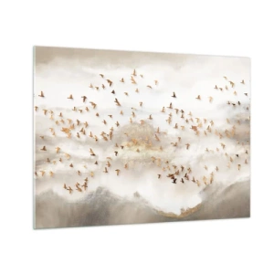 Cuadro sobre vidrio - Impresiones sobre Vidrio - Una bandada de pájaros volando sobre un paisaje brumoso. - 70x50cm - Es hora... - Decoración de pared moderna para salón y dormitorio ARTTOR