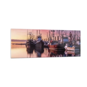 Cuadro sobre vidrio - Impresiones sobre Vidrio - Barcos de pesca en el puerto al atardecer - 140x50cm - Descanso antes de partir - Decoración de pared moderna para salón y dormitorio ARTTOR